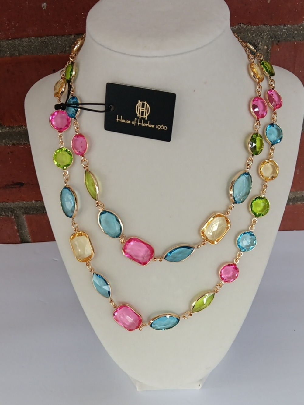 House of Harlow 1960 Long 40" Multicolor Crystal Station Necklace Gold Tone  NWT